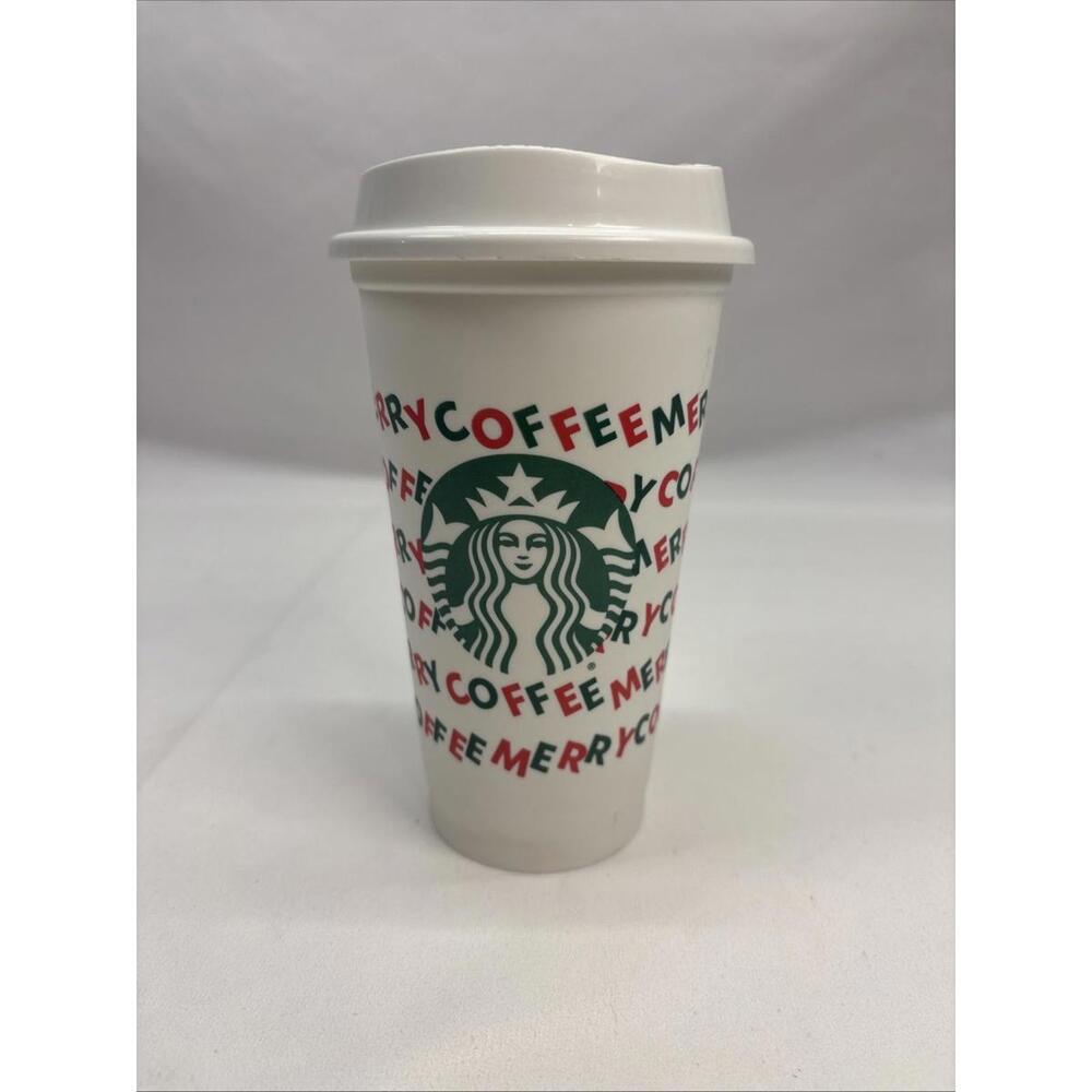 Starbucks Coffee Reusable Travel Plastic Cups 16oz w Lid 2013 White Merry Coffee - Picture 1 of 7